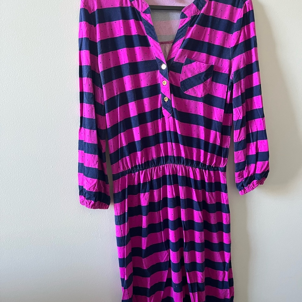 Lilly Pulitzer Pink and Navy Tunic Dress Sz Medium, 3/4 Sleeves Button Front